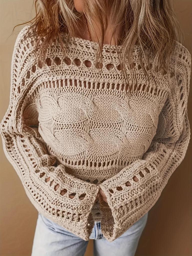 Autumn Solid Color Hollow Knit Sweater - Women's European American Short Style, Fashionable & Trendy