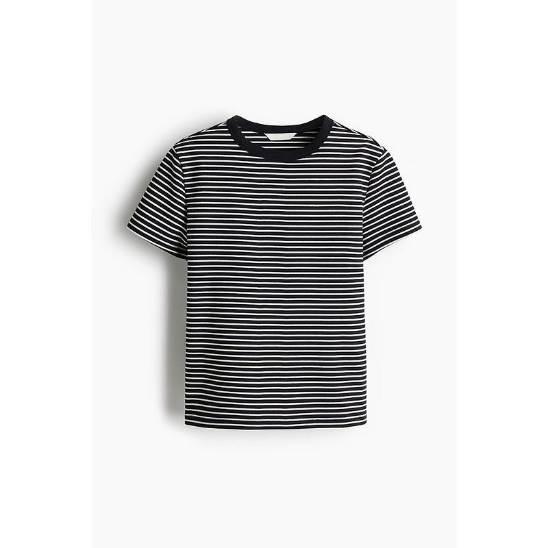 

Женская футболка HM 2025 Лето Новинка Рубчик круглый вырез короткий рукав Свободный Повседневный и Удобный Хлопковый Топ 1264833 Black/White Stripes 160/88