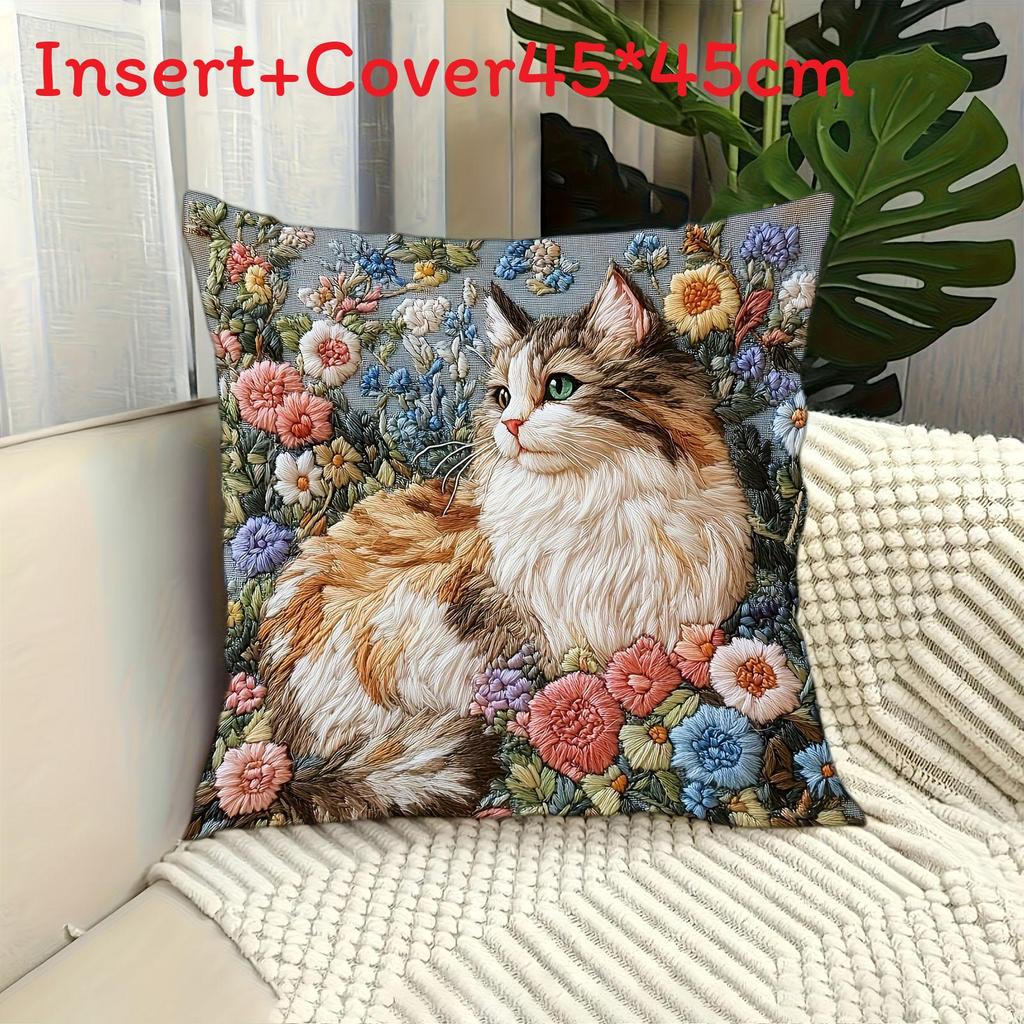 Animal Series Plush Cat Flower Pattern Pillow Cover For Living Room Decor