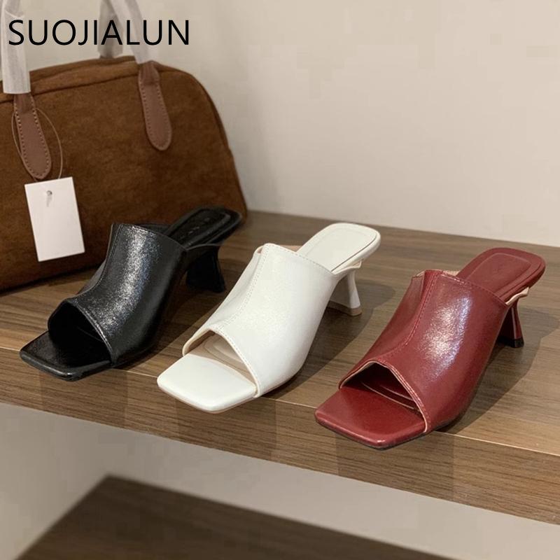 Fashion SUOJIALUN 2025 Summer New Brand Women Slipper Fashion Square Toe Slip On Slides Square High Heel Outdoor Dress Sandal Shoes