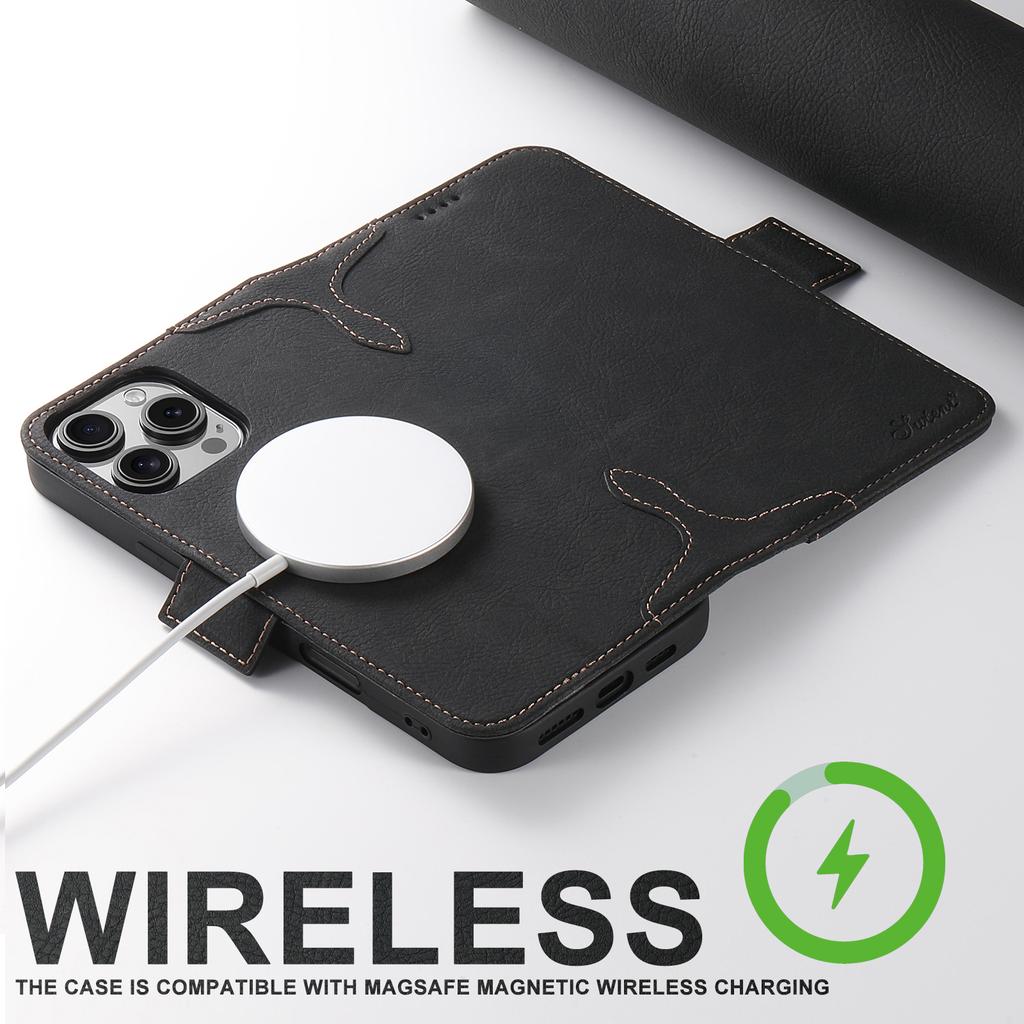 SUTENI J07 For iPhone 16 Pro Max Case Compatible with MagSafe Litchi Texture Leather Wallet Phone Cover