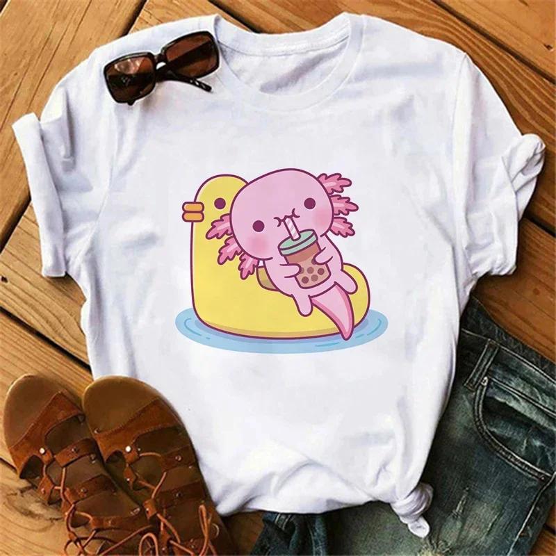 Summer Short-sleeve Casual Top with a Cute Salamander Drinking Bubble Tea Print, Children's T-shirt
