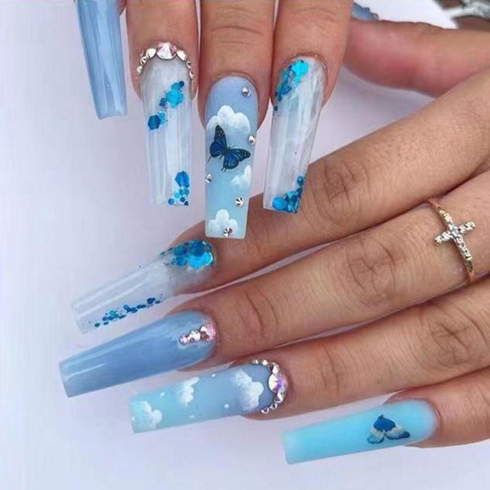 

24 шт. маникюрный пресс для ногтей DIY длинные французские синие облака волнистые накладные ногти балерины