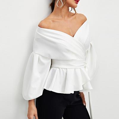 New Women's Long-sleeved Shirt Off-shoulder Lantern Sleeve Top Bow-knot Waisted Shirt