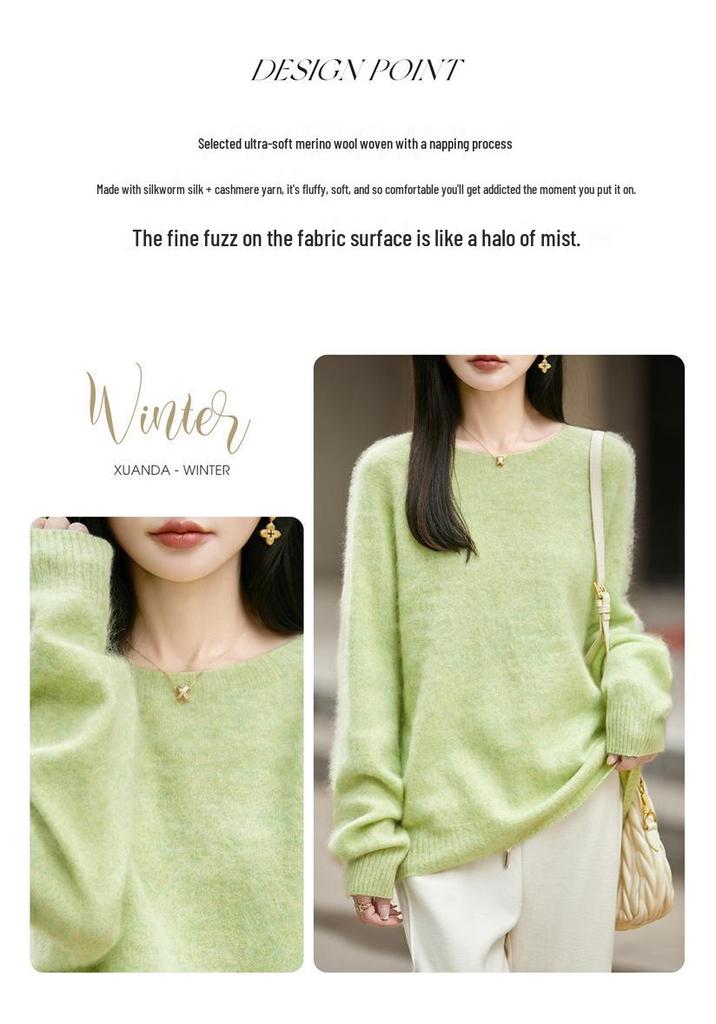 Women's Seamless Plush Knit Wool Sweater, Round Neck, Loose Fit, Long Sleeve - 2026 Autumn/Winter Collection