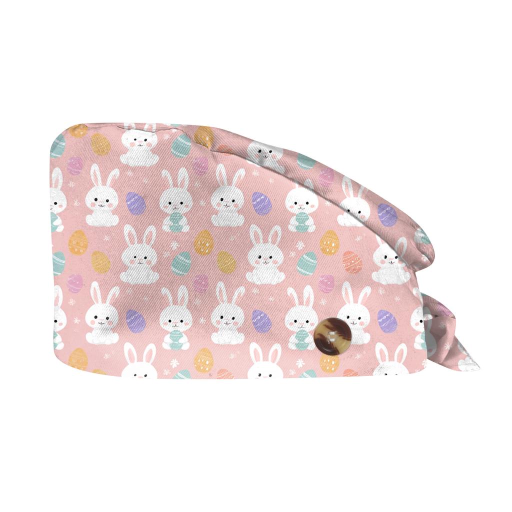 Unisex Bouffant Tie Back Scrub Cap with Rabbit and Egg Print Adjustable Nurse Hat for Work Kitchen Spa