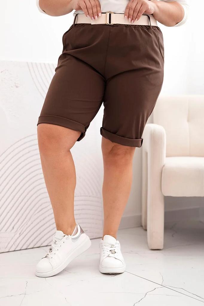 Spodenki Damskie Bawełniane Plus Size Z Paskiem Brązowe Xxl