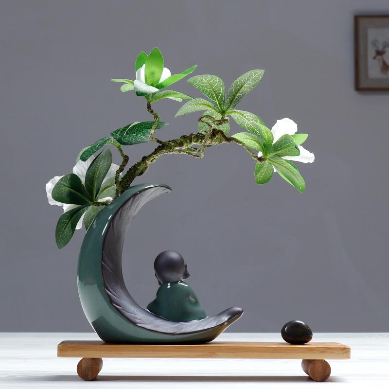 Zen Monk Ceramic Art Figurine Home Office Desk Decor Wooden Craft Vase Gift