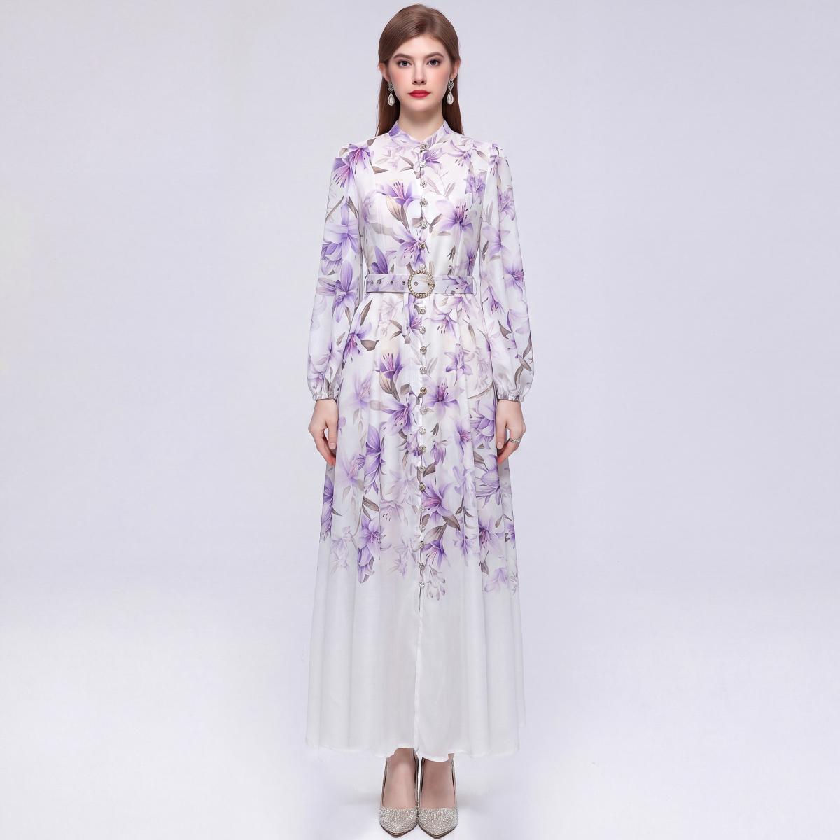 

Summer Bohemia Flower Printed Holiday Prom Dress Stand Collar Single Breasted A-line Big Swing Casual Dresses with Belt XXL фіолетовий