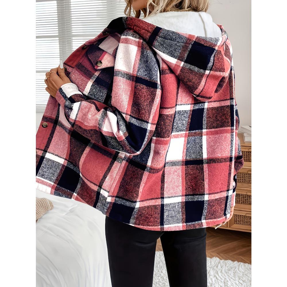 Women's Casual Plaid Hooded Jacket with Fleece Lining Woven Shirt Autumn and Winter Tops