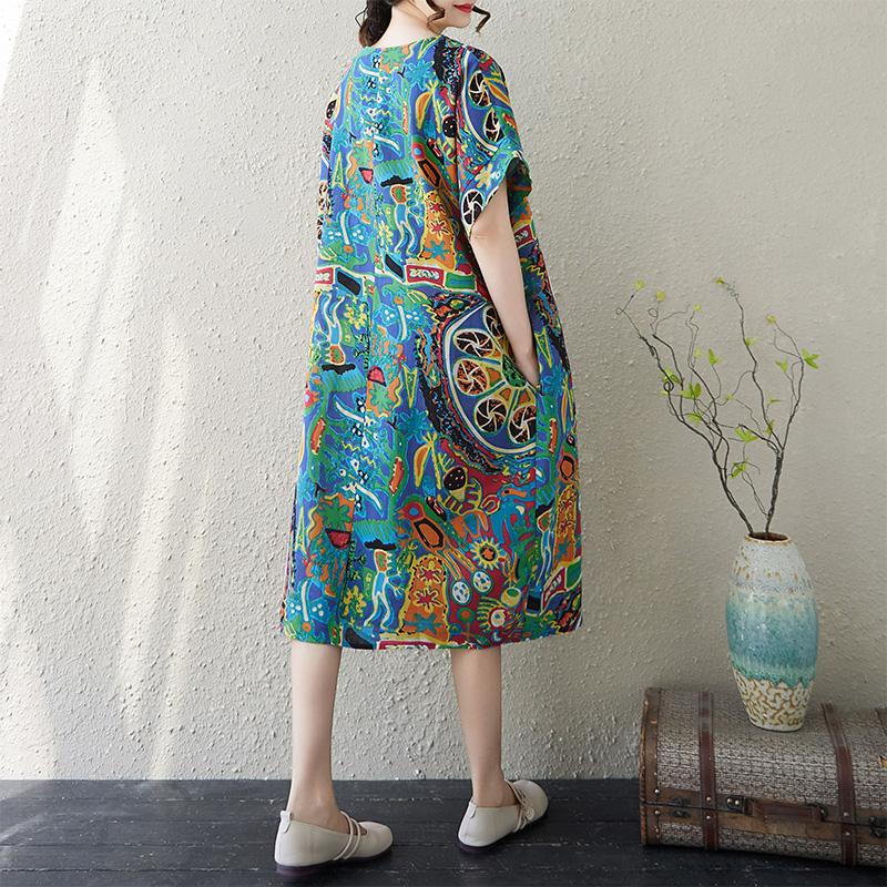DIMANAF New 2025 Plus Size Summer Dress Printing Women Basic Casual Short Sleeve Dress Loose Long Dress
