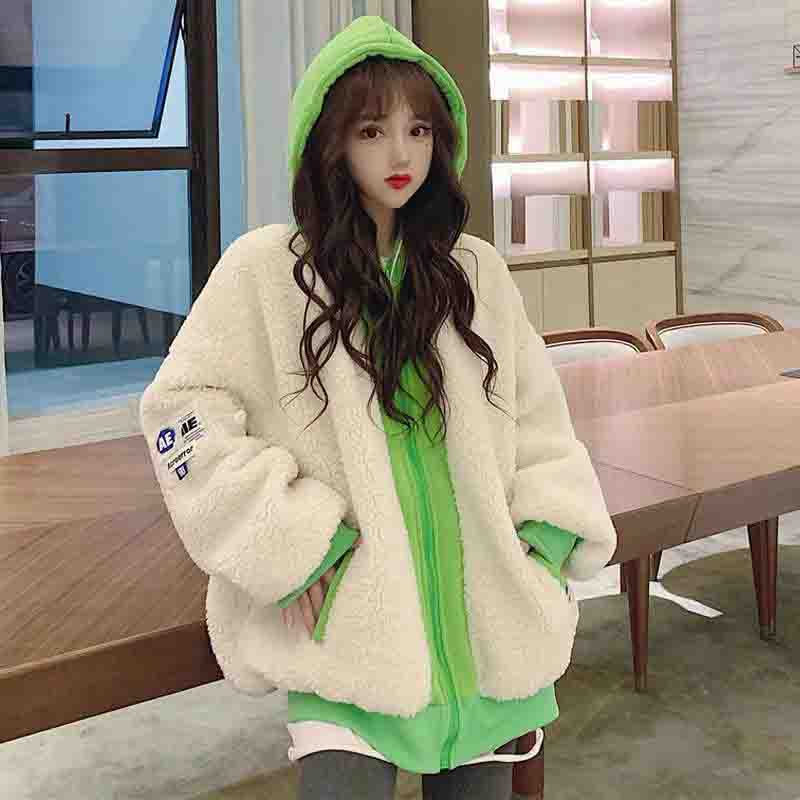 Jachetă groasă de toamnă și iarnă pentru femeie, cu toate potrivirile, versiunea coreeană de miel de pluș, cu cusături false din două piese, jachetă de bumbac cu glugă