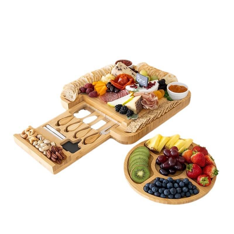 Bamboo Anti-Slip Fruit & Cheese Cutting Board Set with Drawer & Knife