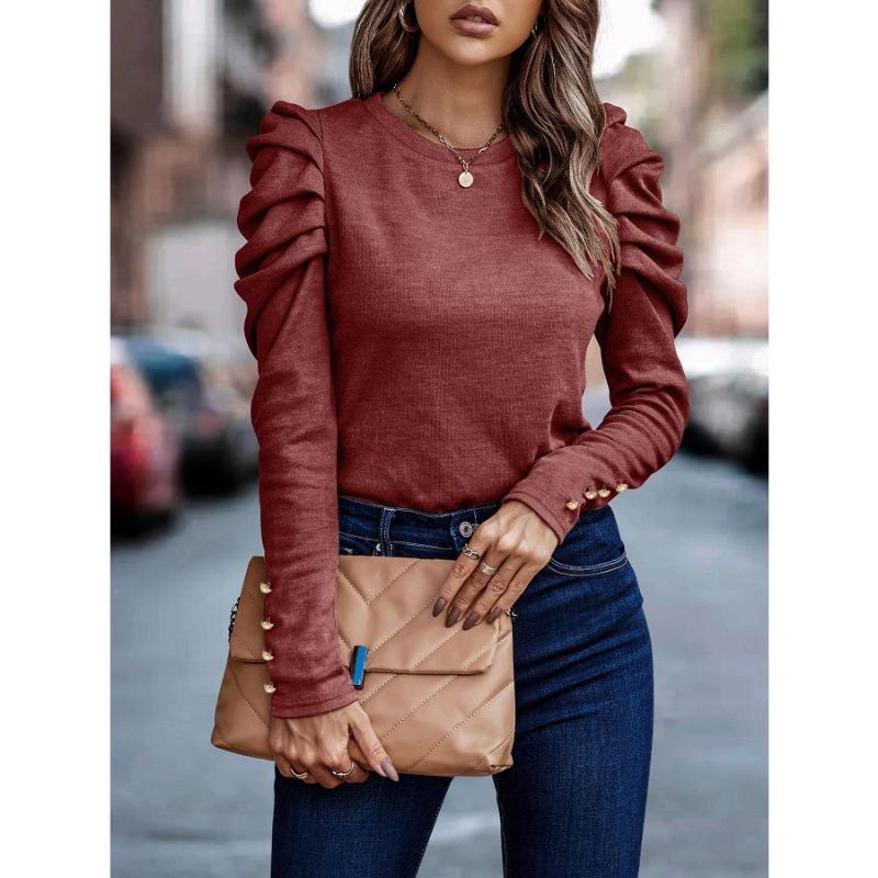 Women's New Autumn Round Neck Bubble Sleeve Button Long Sleeve Top