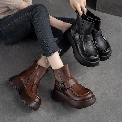 Fashion GKTINOO Women Motorcycle Boots Genuine Leather 2025 New Zip Thick Soled Women Shoes Casual Handmade Retro Short Platform Boots