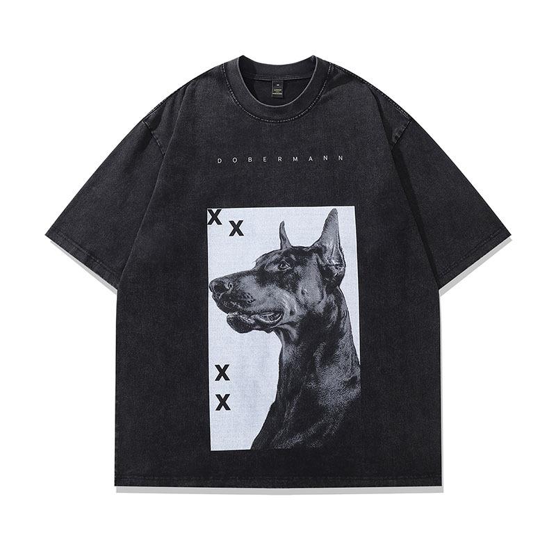 TKPA Doberman Vintage Crew Neck Unisex T-Shirt – Washed, Retro High Street Style, Loose Fit, Short Sleeve Streetwear