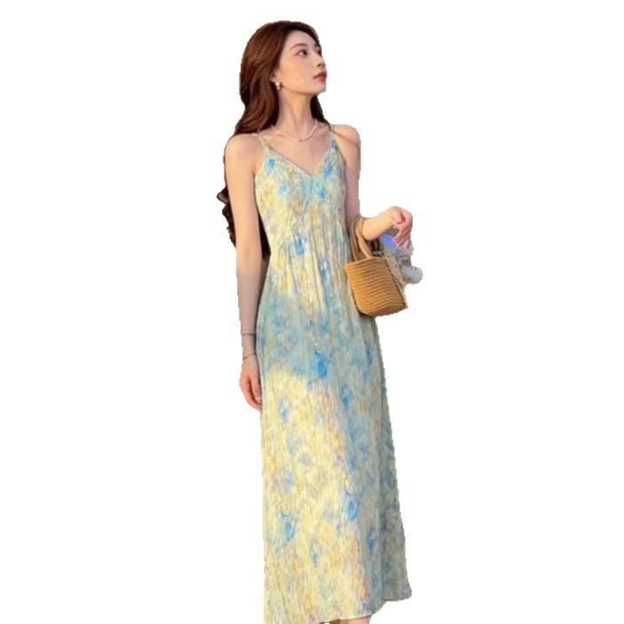 French seaside vacation wind floral suspender dress children's summer new beautiful beautiful and beautiful long dress