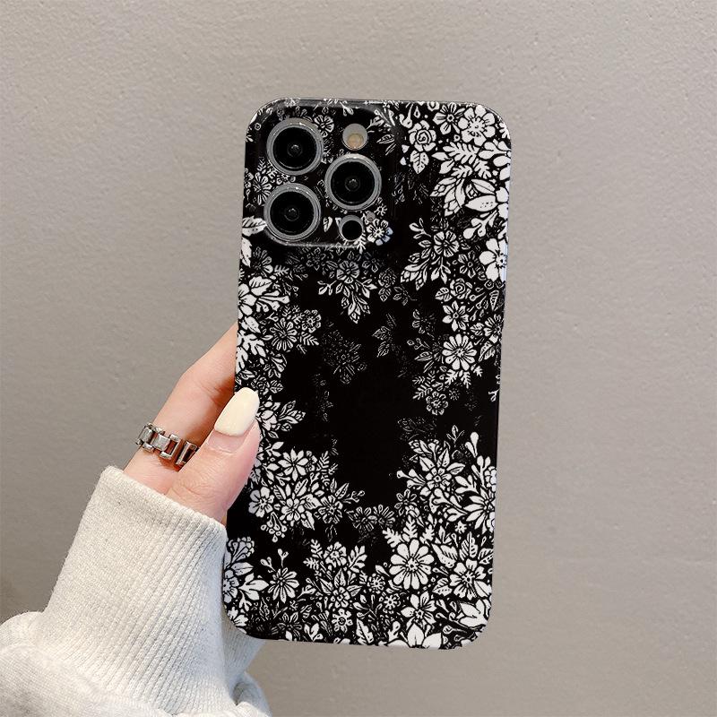 Black Floral iPhone Case: Full Coverage for iPhone 13 Pro Max, iPhone 14, and 15 with Glass Protection