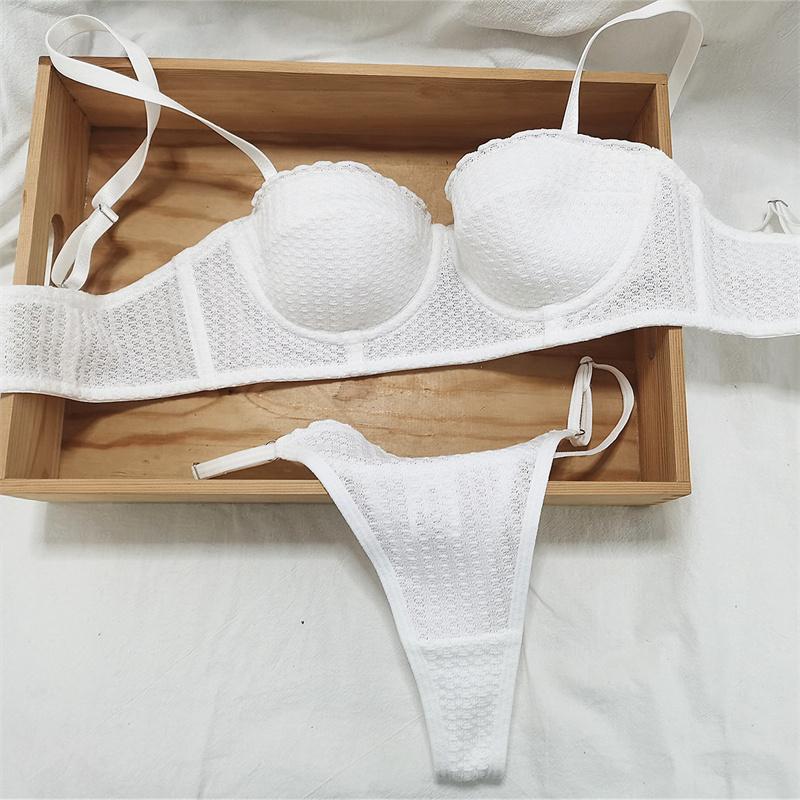 New 6 Color Women Cotton Underwear French Sexy 1/2 Cup Push Up Bra Set Fashion Fluorescent Summer Lace Bra and Thongs Lingerie