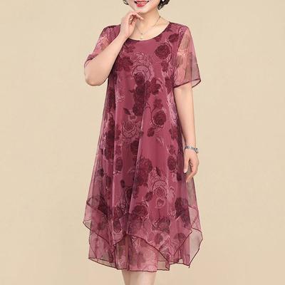 2024 O-Neck Short Sleeve Dresses Vintage Floral Printed Summer Gauze Spliced Women's Clothing Stylish Irregular Loose Midi Dress