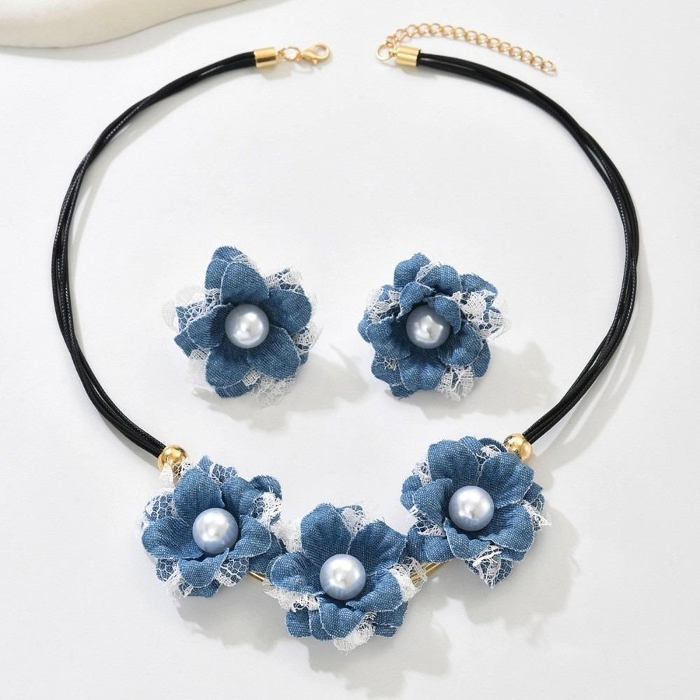 

Exquisite Boho Denim Flower Earrings Imitation Pearl Vintage Style Denim Set Daily Wear Gift Jewelry Sets Women