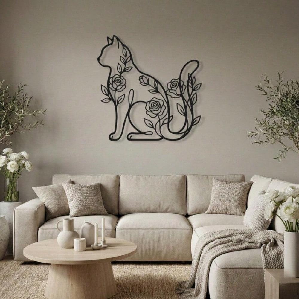 Floral Cat Metal Wall Art, Rose Silhouette Iron Sculpture, Minimalist Pet Lover Gift