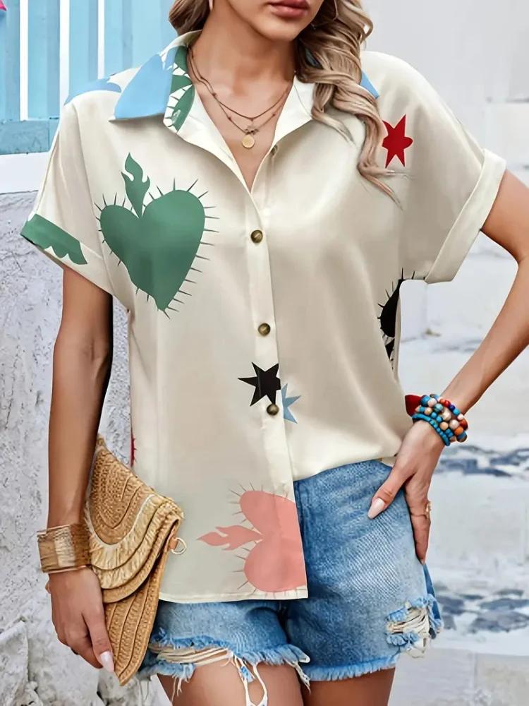 Summer 2025 Women Shirts Lapel Short Sleeve Abstract Cartoon Portrait Prints Blouses Fashion Casual Cute Cat Print Shirts Tops