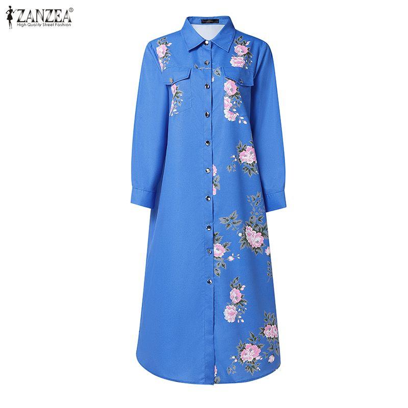 ZANZEA Women Casual Turn Down Collar Long Sleeve Loose Print Shirt Dress