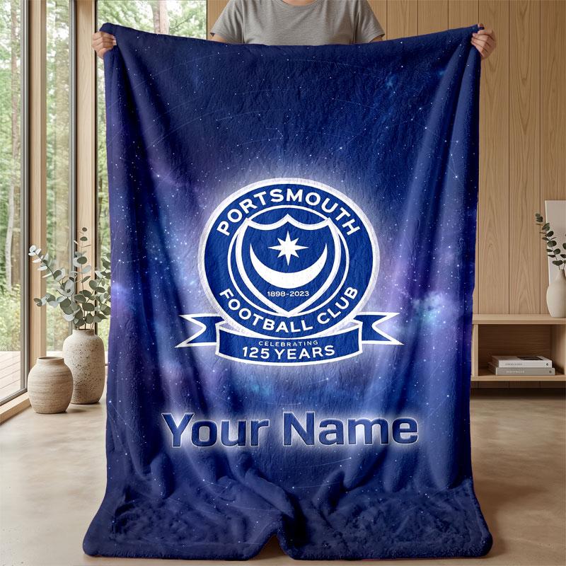 Portsmouth FC Custom Name Text Flannel Blanket Soccer Logo Personalized Fleece Throw Blanket Special Gift For Sofa Bedroom Home