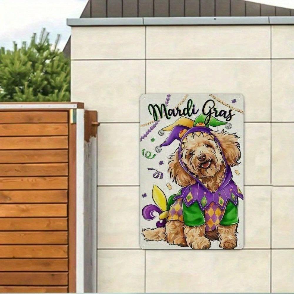 Colorful Mardi Gras Metal Sign - Masquerade Dog Wall Art, Durable 2D Decor for Home, Bar, Office & Outdoor Parties