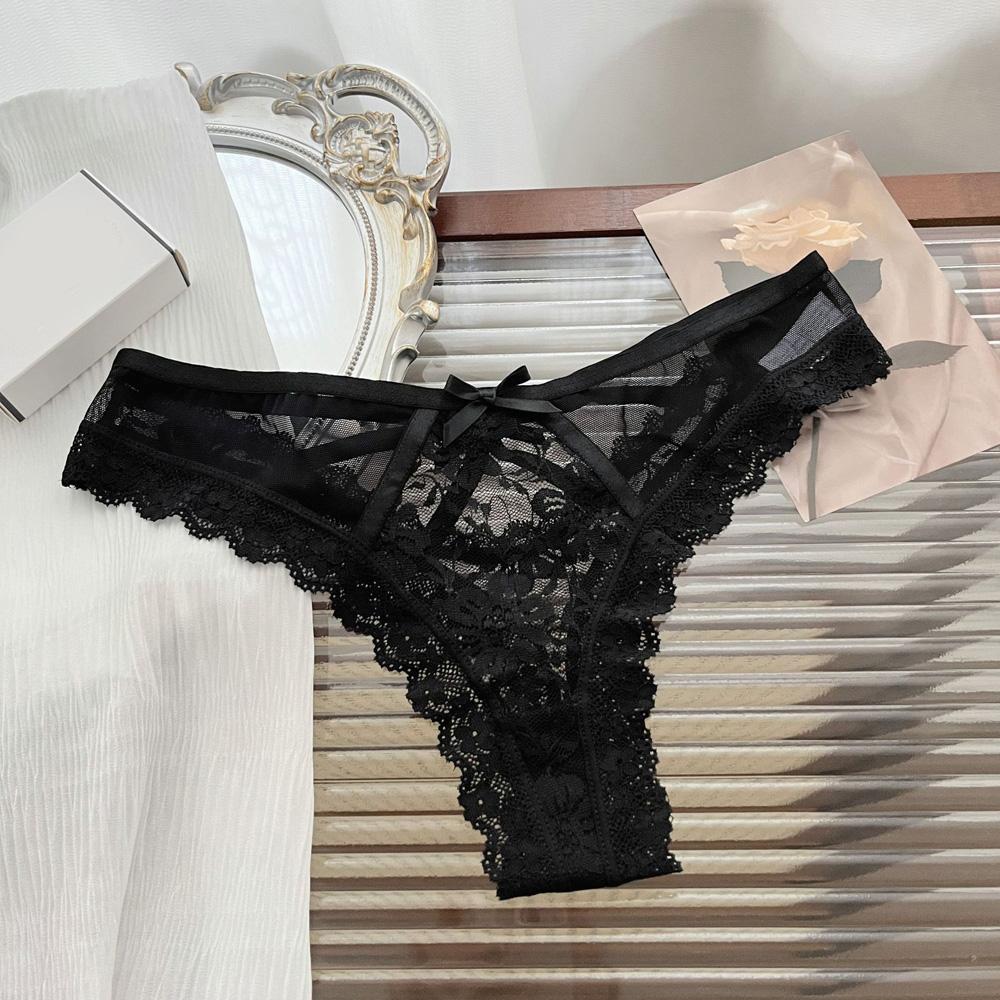 Lace Bow Sexy Thong Transparent Women's Lingerie Low Waist Flower Embroidery Mesh Perspective Hollowed Panties Briefs