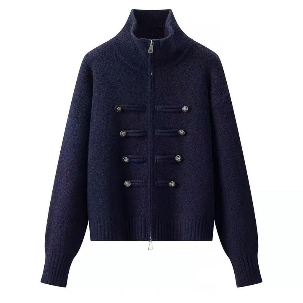 2026 Retro Chinese Style Frog Button Zipper Knit Cardigan - Women's Autumn/Winter Versatile Half-High Collar