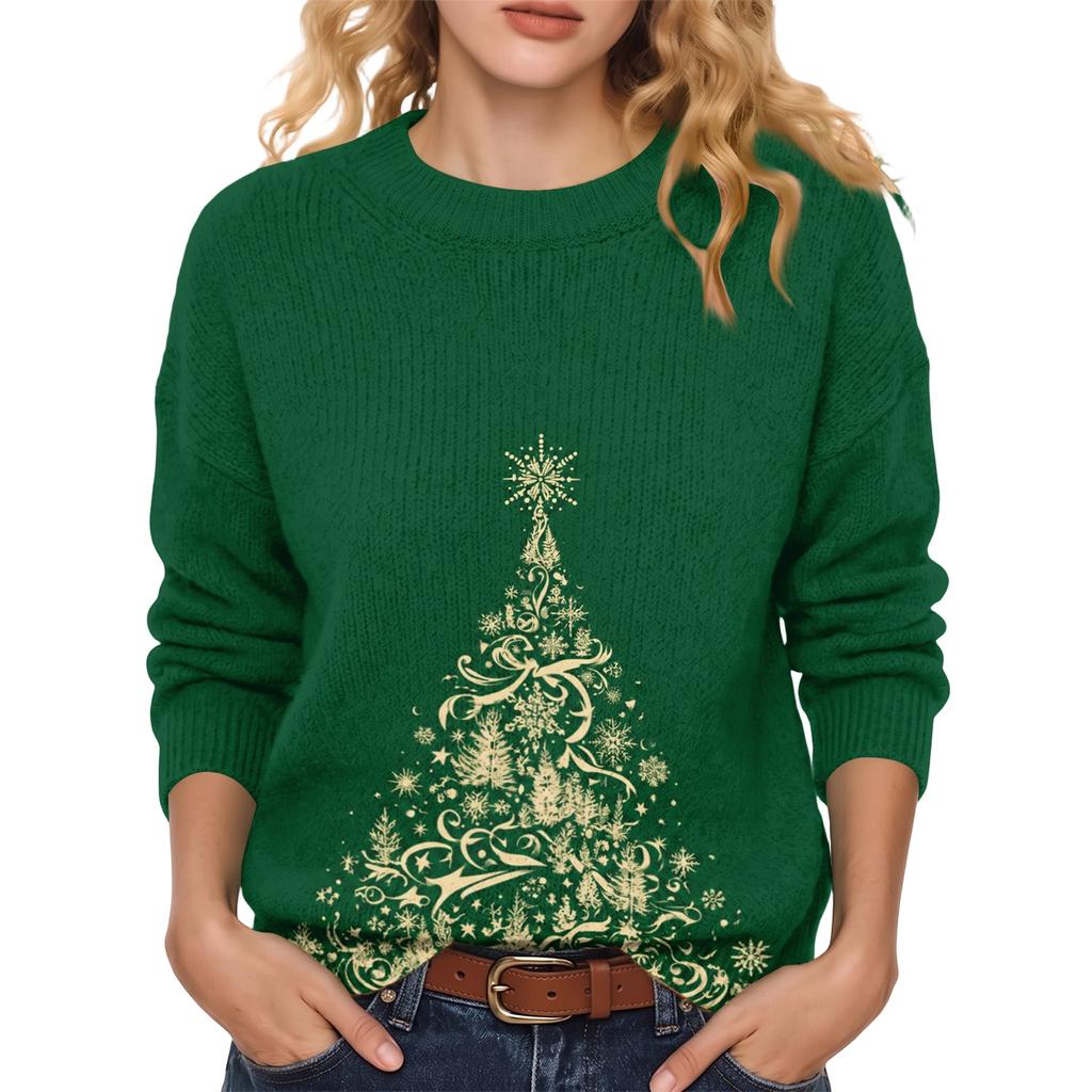 Women's Christmas Print Neck Long Sleeve Sweater Soft Casual Top for Fall Winter Holiday