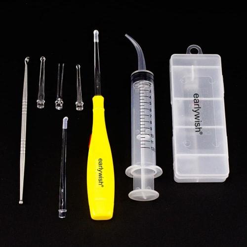 Melleco LED Lighted Tonsil Stone Removal Tool, Yellow, 3 Tips, Box + 1 Stainless Steel Tonsil Stone Picker + 1 Irrigation Syringe