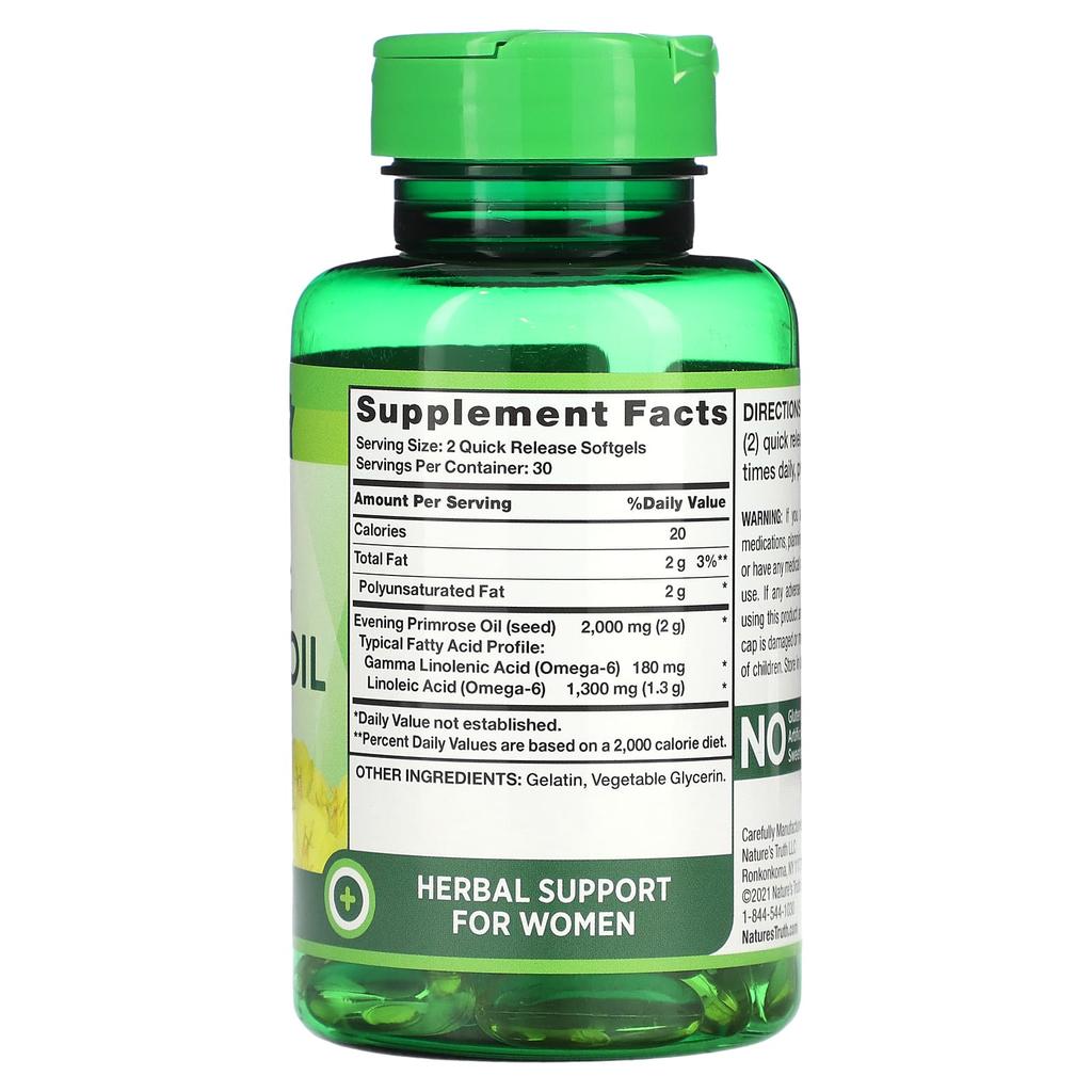 Nature's Truth, kaltgepresstes Nachtkerzenöl, 2.000 mg, 60 Weichkapseln mit sofortiger Wirkstofffreisetzung (1.000 mg pro Weichkapsel)