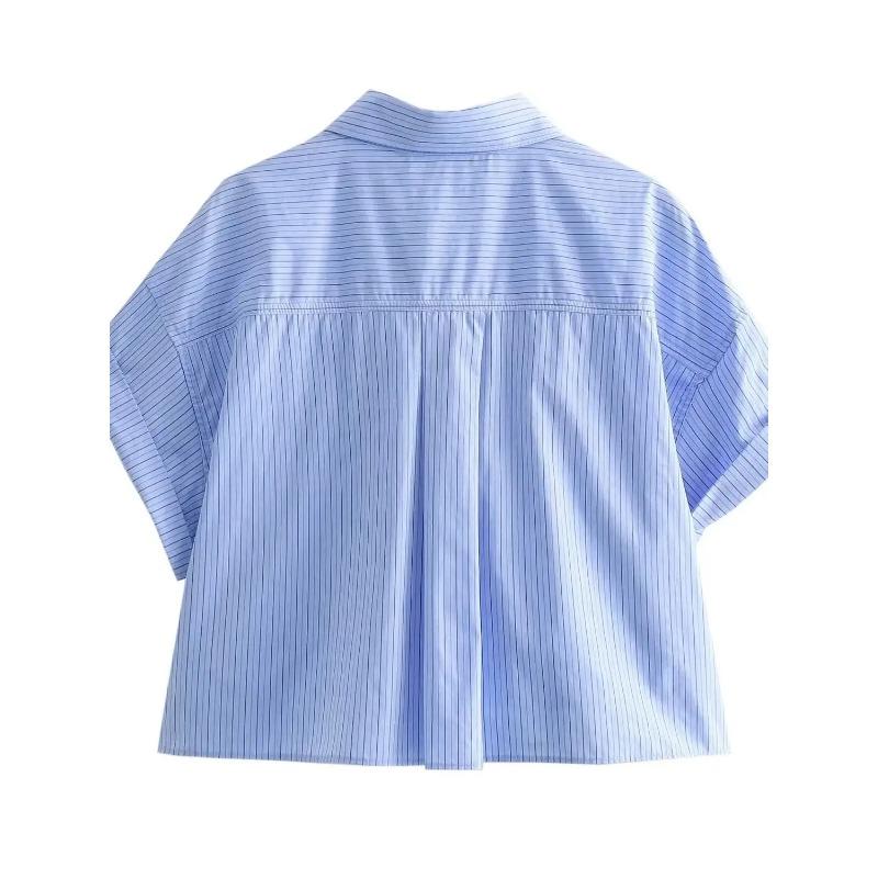 Dámská módní zkrácená popelínová košile Dámská ležérní klopa Krátký rukáv Kapsa Vpředu Knoflíky Všestranný dámský top