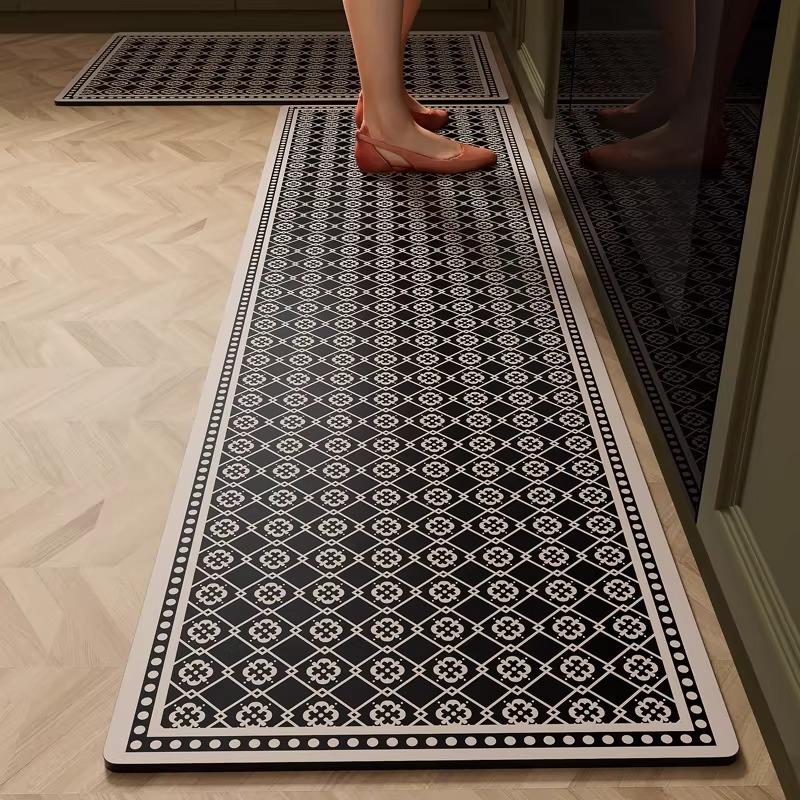 Kitchen Carpet PVC Waterproof Leather Rug Black and White Striped Non-slip Floor Mat Home Decoration Rugs Alfombras De Cocina
