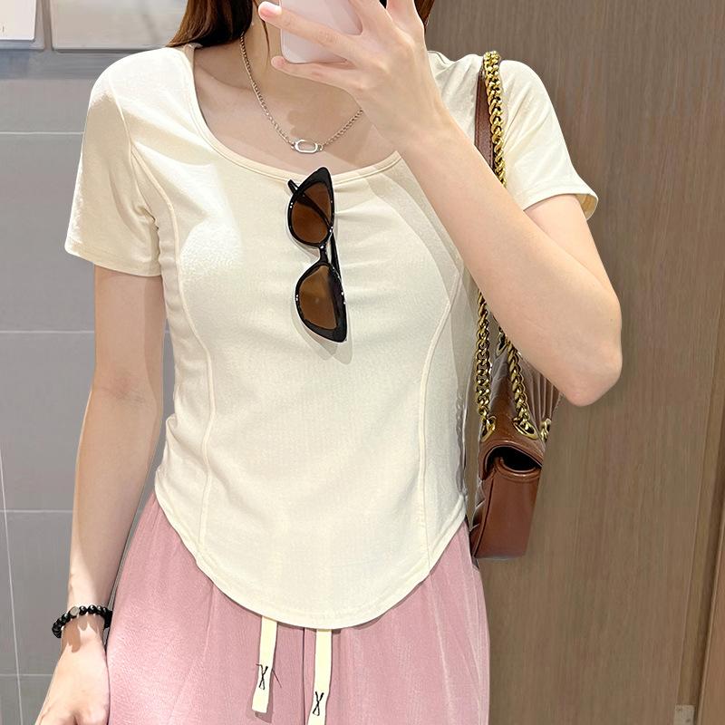 Short Square Neck Short Sleeve T-shirt for Women In Summer Design Niche Shoulder Pure Fish Bone Top