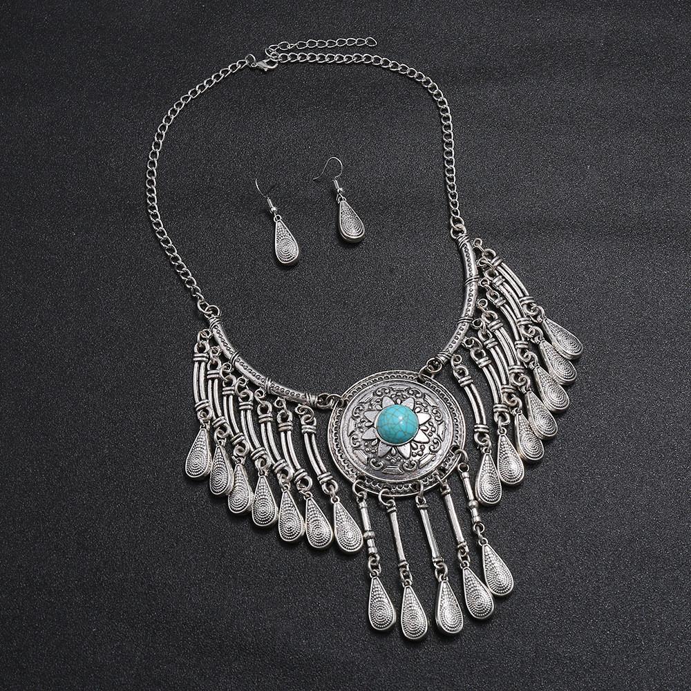 Ethnic Style Women Metal Necklace Earring Set With Water Droplet Shaped Tassel For Gift серебряный