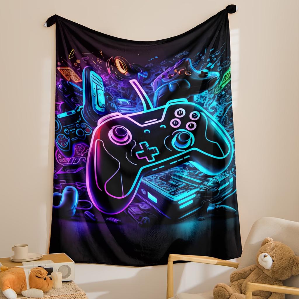 1pc Flannel Blanket Computer Gamer Pattern Blanket Cozy Warm Soft Blanket for Sofa Office Bed and Travelling