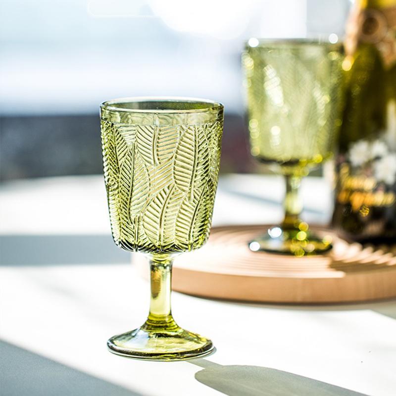 Verre à vin vintage de 300 ml, gobelet en verre pour la maison, fête de mariage, verres à eau et à vin, motif de feuille verte élégante, verrerie en relief