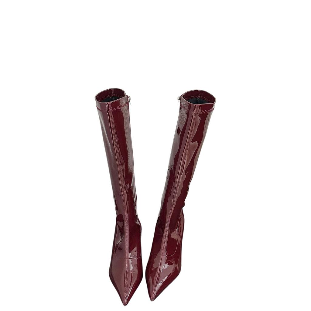 European and American temperament versatile celebrity style patent leather pointed high-heeled boots