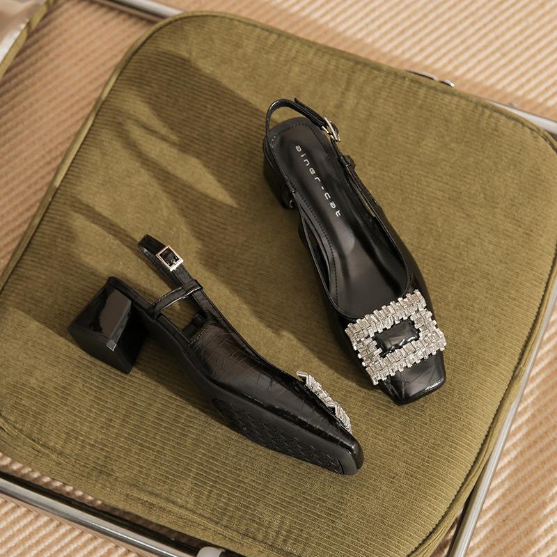 55102 high heels women's thick heel 2025 new square head empty sandals temperament medium heel rhinestone square buckle shoes