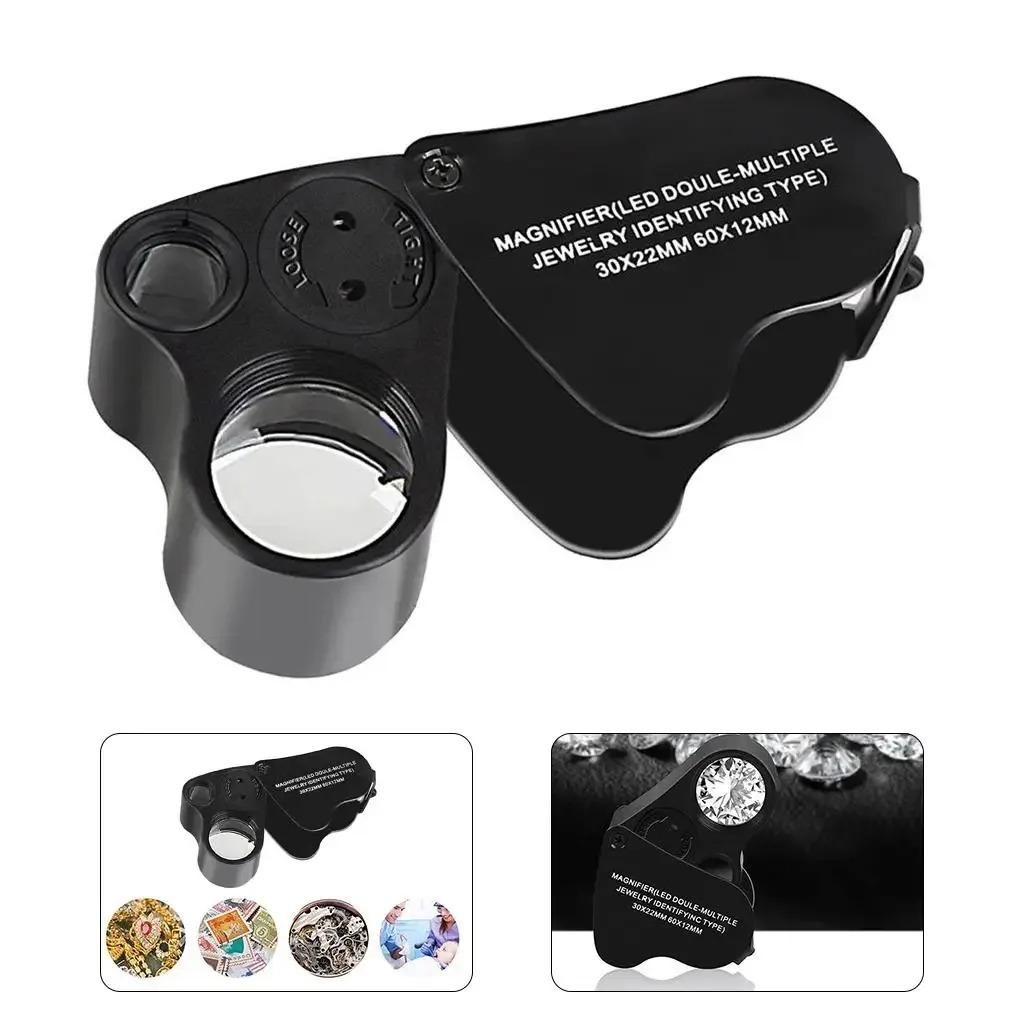 Professional 30X 60X Foldable Jewelers Loupe Magnifier With LED Light For Gems Jewelry Coins Stamps