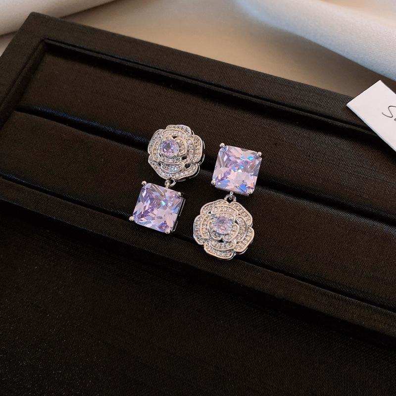 Flower Cluster Princess Pink Rose Small Sugar Cube Zircon Ring Earrings Necklace Set Light Luxury High-end Jewelry