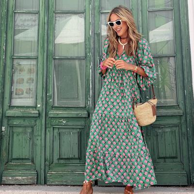 Damenkleid im Bohemian-Stil, V-Ausschnitt, Puffärmel, A-Linie, großer Schwung, Plissee-Druck, wadenlanges Strandurlaubskleid