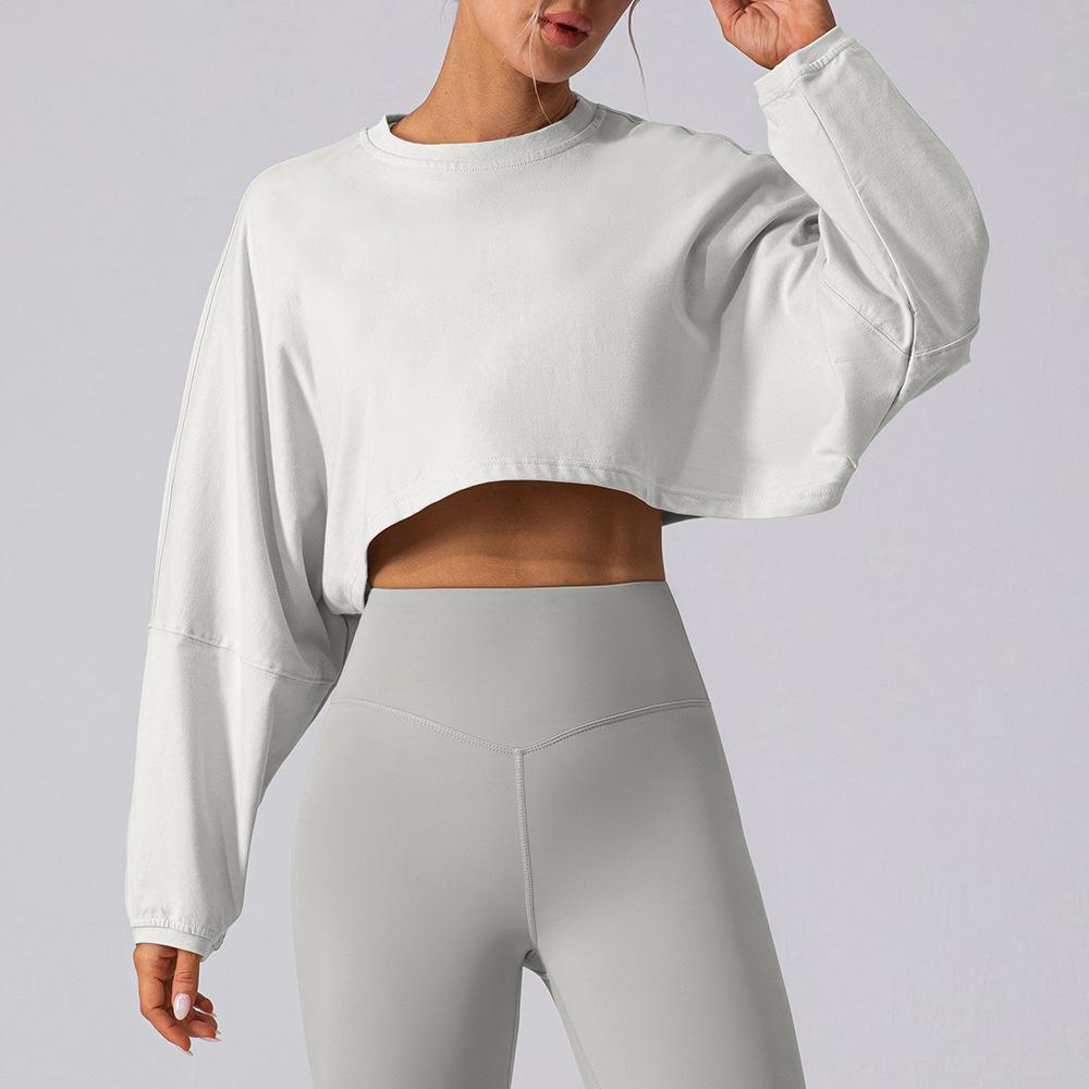 Women's Crew Neck Long Sleeve Crop Top Loose Fit Athletic T-Shirt Yoga Workout Blouse
