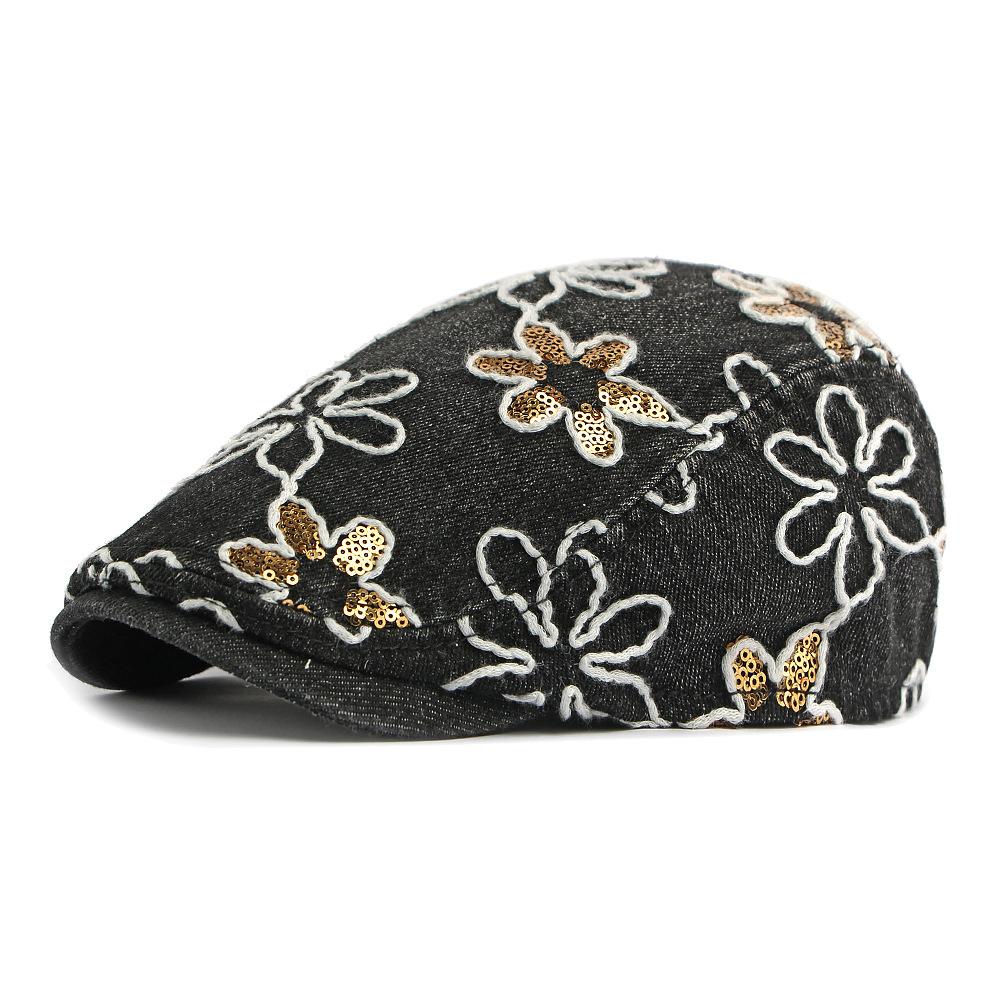 Denim Pailletten Blume Baskenmütze Damen Britisch Vintage Schirmmütze Bemalte Mütze