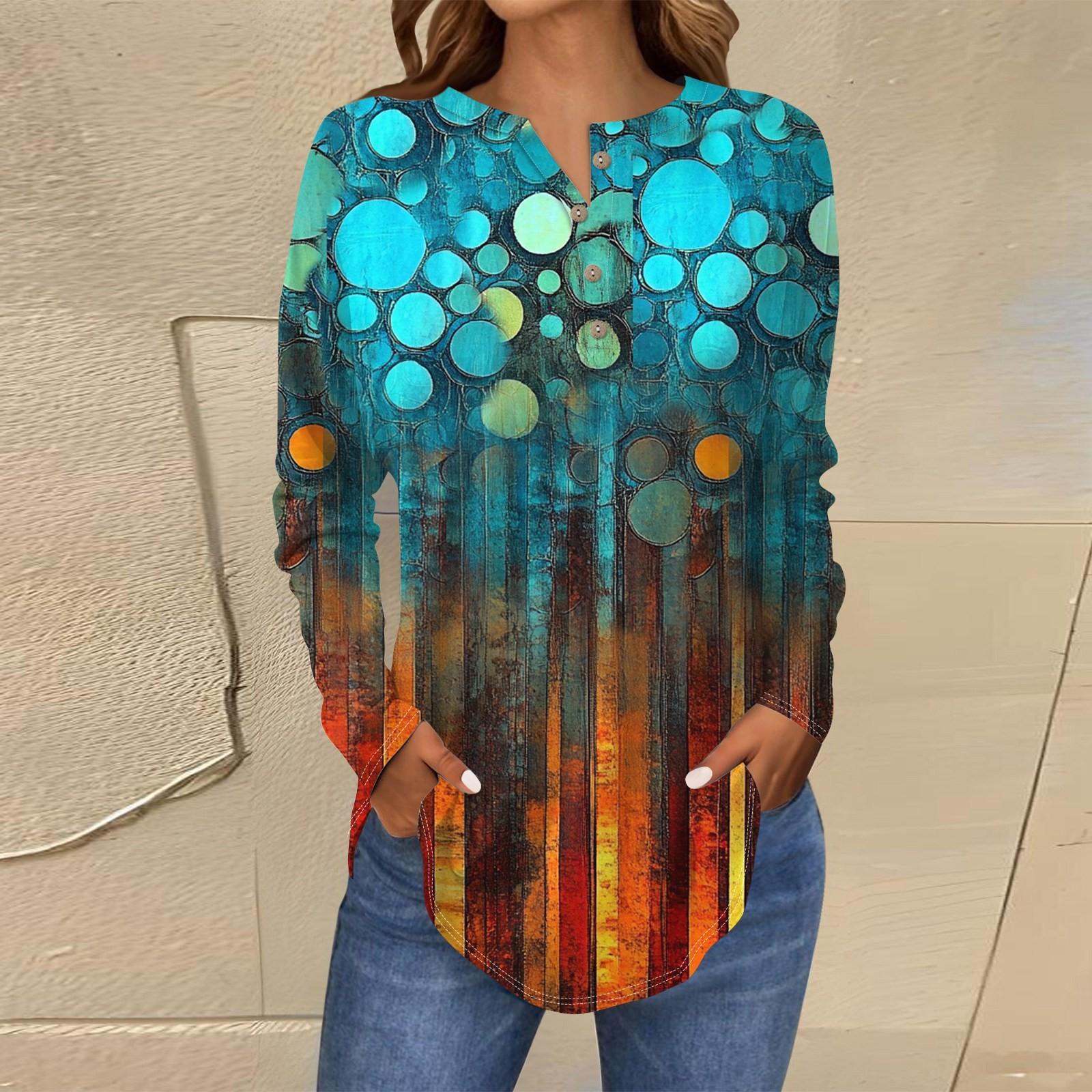 

Футболки для женщин, осенние повседневные рубашки с длинным рукавом на пуговицах, толстовка с винтажным принтом, топ, пуловер S