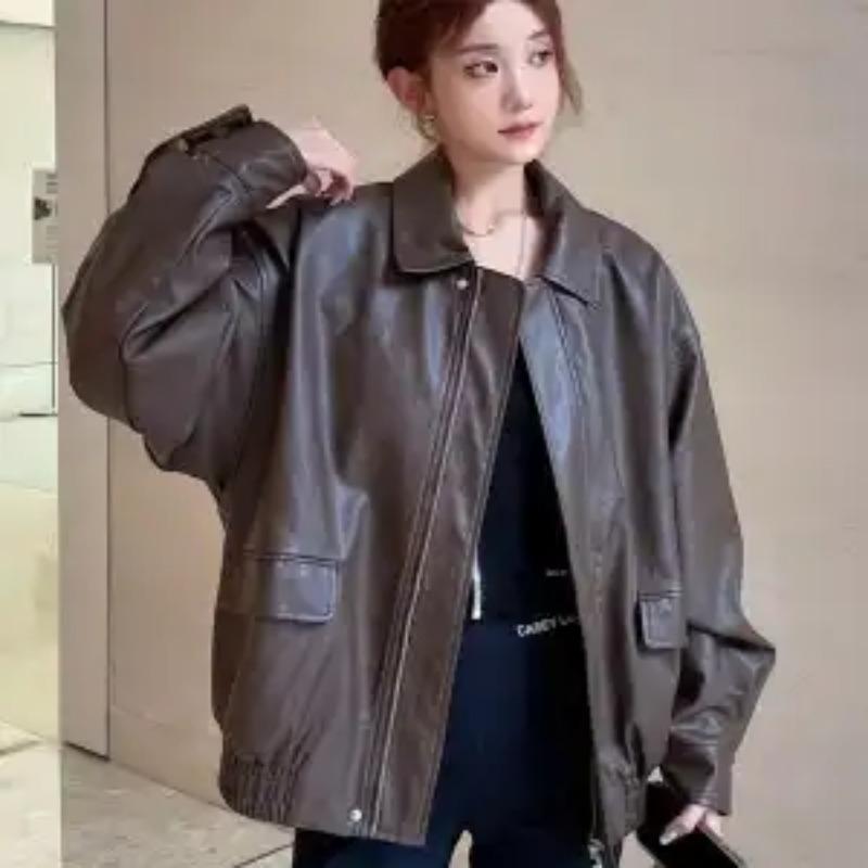 

Однотонная Свободная Повседневная Мотоциклетная Ретро Кожаная Куртка Женская Новая Осенняя Комбинированная Лацкан Молния Мода L кофейный